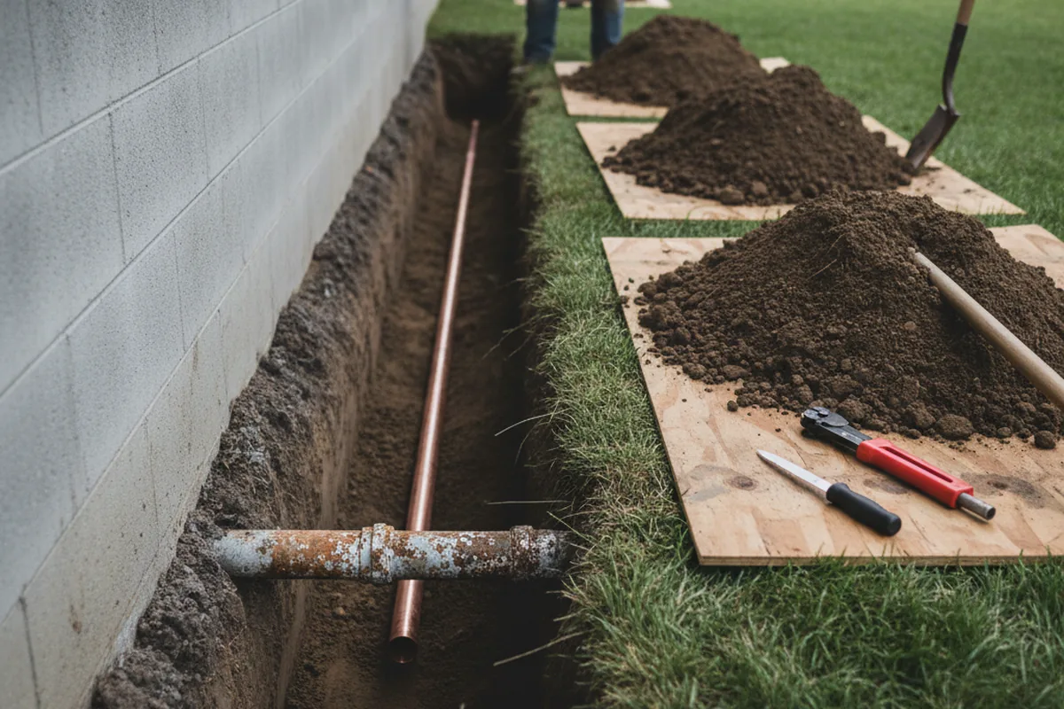 Excavated water line trench during Sewer Line Repair in Rock Hill
